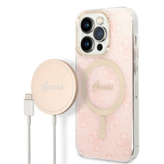 Kryt na mobil Guess 4G MagSafe na Apple iPhone 14 Pro + bezdrátová nabíječka (BUGUHMP14LH4EACSP) růžový