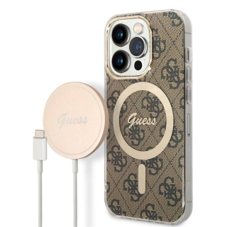 Kryt na mobil Guess 4G MagSafe na Apple iPhone 14 Pro + bezdrátová nabíječka (BUGUHMP14LH4EACSW) hnědý